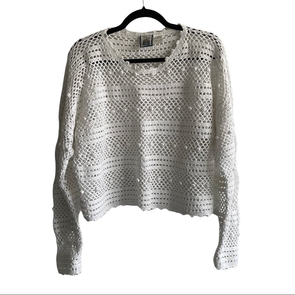 Vintage Cotton Cottagecore Crochet Knit Cropped Sweater White L